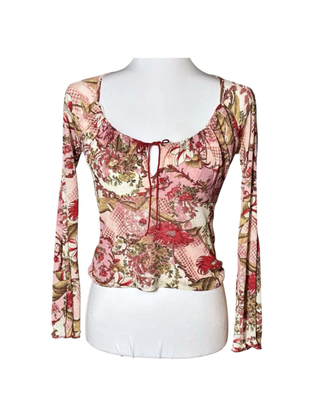 Naf Naf Y2K Mesh Floral Bell Sleeve Semi Sheer Crop Scoop Neck Top Boho Medium